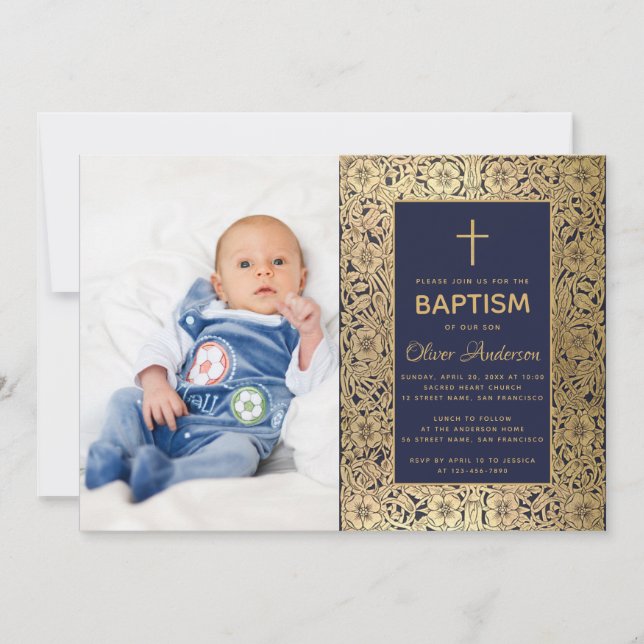 Invitación Boy Baptism Photo Navy Rosas de oro de la cosecha  (Anverso)