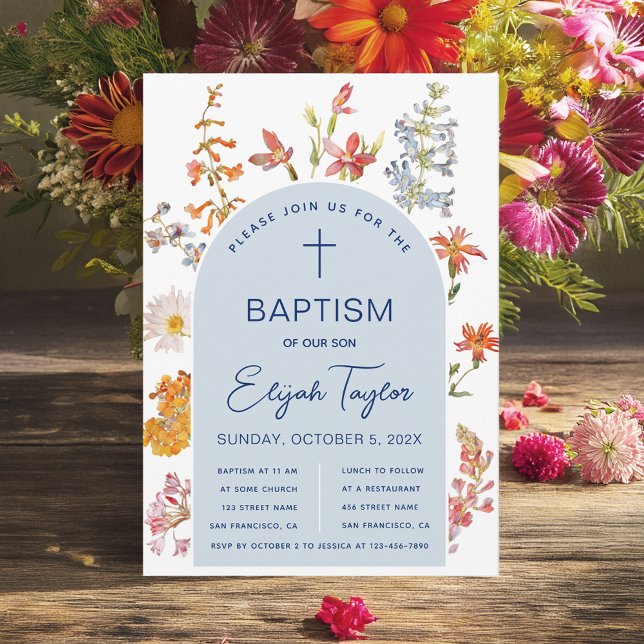 Invitación Boy Baptism Wildflowers Arco Azul Floral Religión (Subido por el creador)