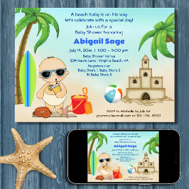 Invitación Boy Beach Baby Sandcastle, Surfboard Baby Shower
