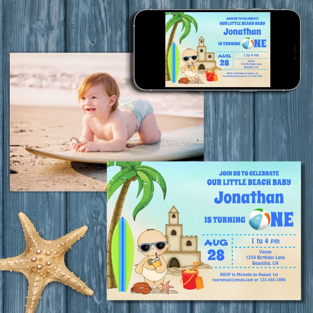 Invitación Boy Beach Baby Surfboard Primera FOTO de cumpleaño (Printed (Front and Back) and Digital Boy Beach Baby Surfboard 1st Birthday PHOTO Invitation)
