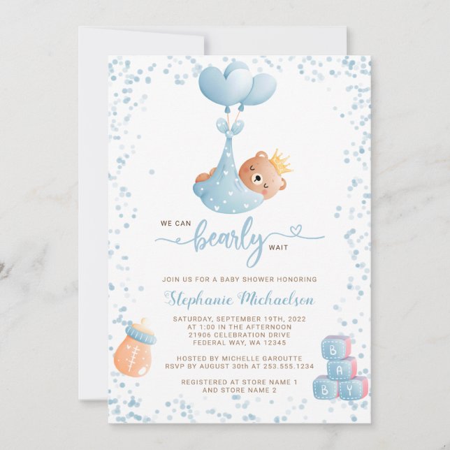 Invitación Boy Bear Baby Shower con solicitud de libro (Anverso)