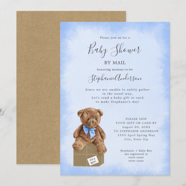 Invitación Boy Bear Baby Shower por correo (Anverso / Reverso)