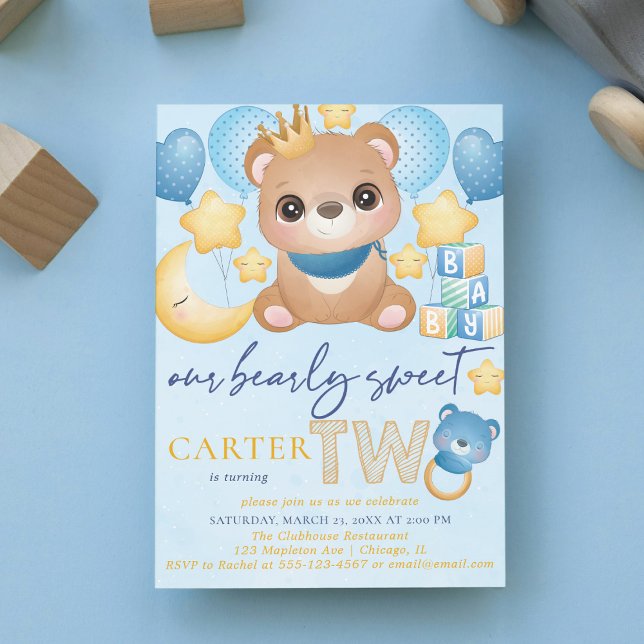Invitación Boy Bear Blue Second Birday (Subido por el creador)