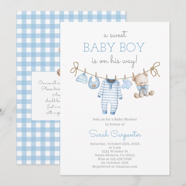 Invitación Boy Bear Clothesline Baby Shower invitation (Anverso / Reverso)