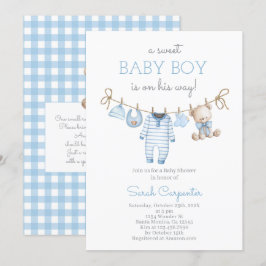 Invitación Boy Bear Clothesline Baby Shower invitation