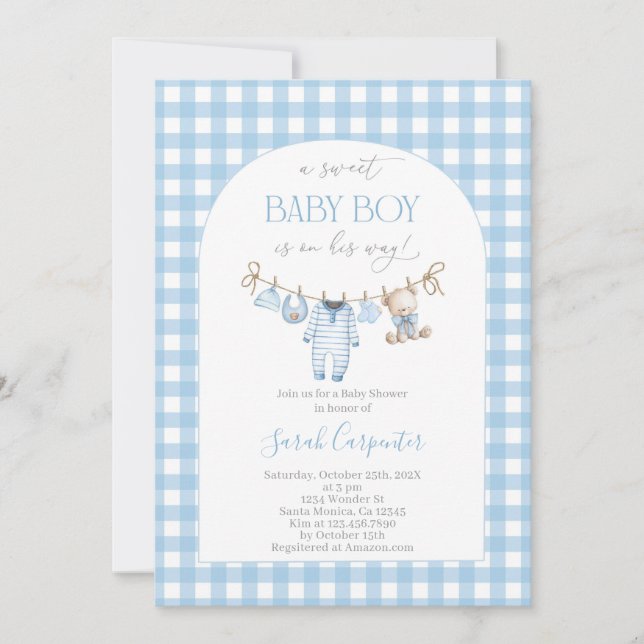 Invitación Boy Bear Clothesline Baby Shower invitation (Anverso)