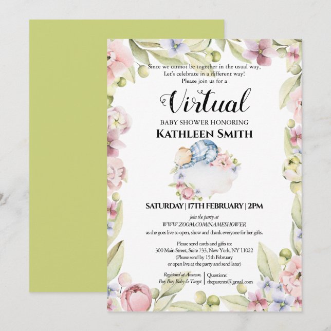 Invitación Boy Bear Elegante Verdor Floral Ducha Virtual (Anverso / Reverso)