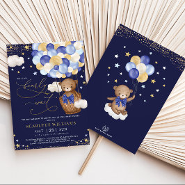 Invitación Boy Bear Hot Air Balloon Nave Gold Sky Baby Shower