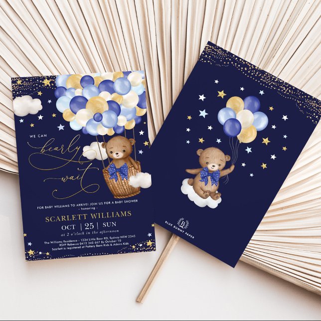 Invitación Boy Bear Hot Air Balloon Nave Gold Sky Baby Shower (Subido por el creador)