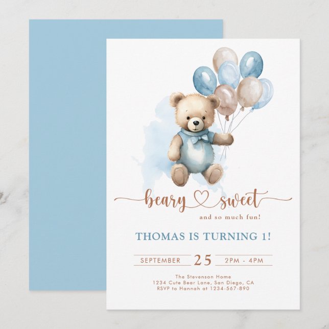 Invitación Boy Beary Sweet 1er cumpleaños Teddy Bear Blue Bro (Anverso / Reverso)