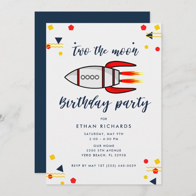 Invitación Boy Birthday Two the Moon Rocket Space Theme Party (Anverso / Reverso)