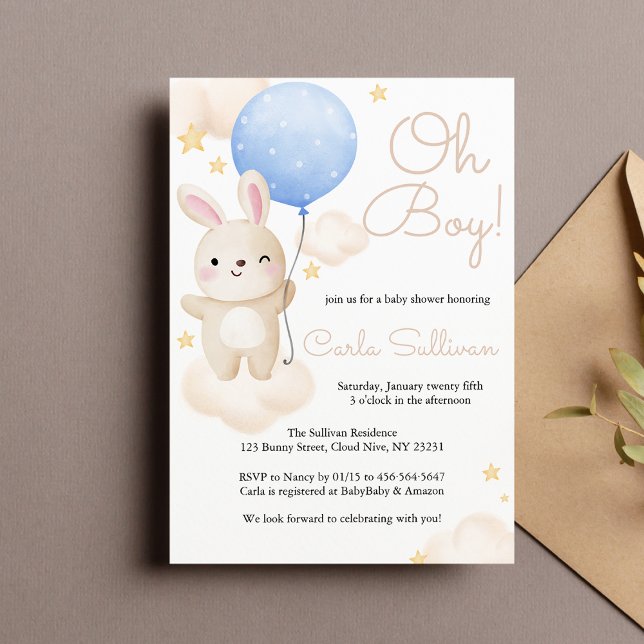 Invitación Boy Blue Balloon Cute Bunny Baby Shower (Subido por el creador)