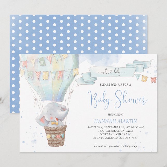 Invitación Boy Blue Balloon Cute Elephant Baby Shower (Anverso / Reverso)