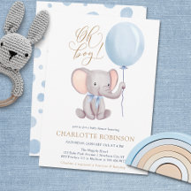 Boy Blue Balloon Cute Elephant Invitat Baby Shower