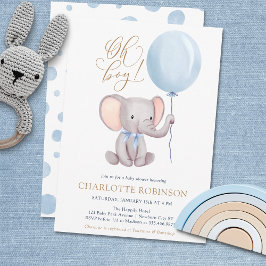 Invitación Boy Blue Balloon Cute Elephant Invitat Baby Shower