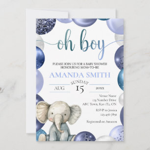 Invitación Boy Blue Balloon Cute Elephant Invite a Baby Showe