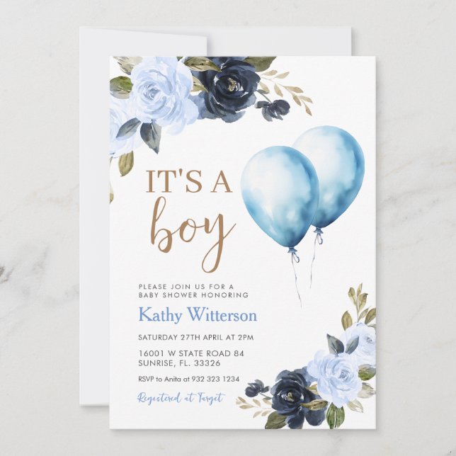 Invitación Boy Blue Balloon Floral Baby Shower (Anverso)