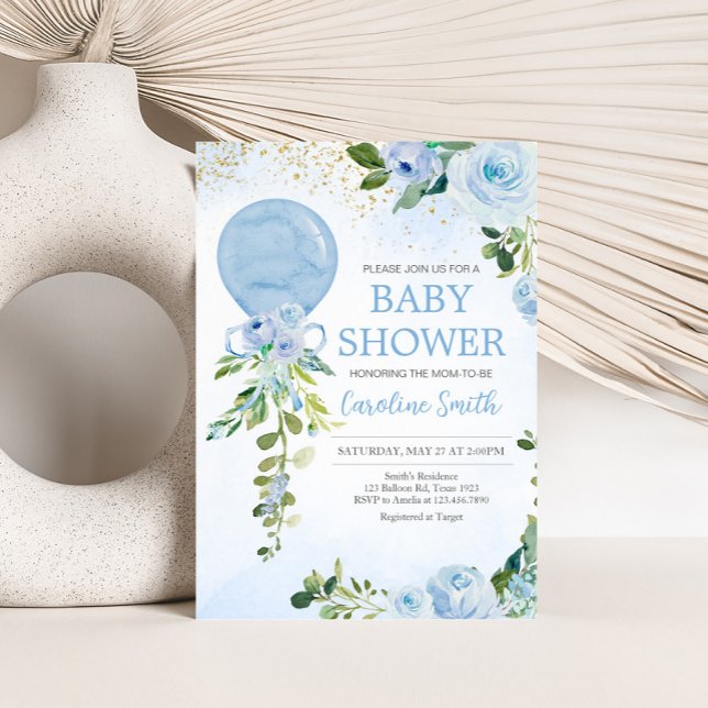 Invitación Boy Blue Balloon Greenery Baby Shower (Blue Balloon Greenery Baby Shower Invitation
)
