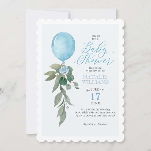 Invitación Boy Blue Balloon Greenery Baby Shower (Anverso)