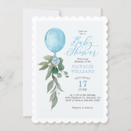 Invitación Boy Blue Balloon Greenery Baby Shower