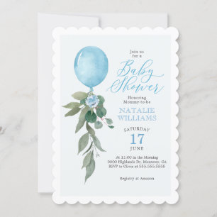 Invitación Boy Blue Balloon Greenery Baby Shower