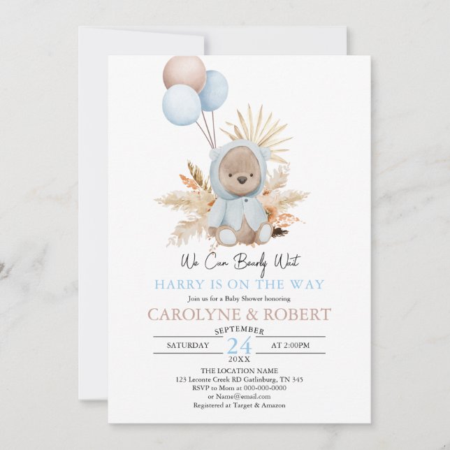 Invitación Boy Blue Boho Teddy Bear Bearly Wait Baby Shower (Anverso)
