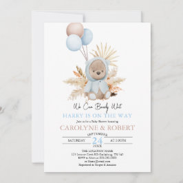 Invitación Boy Blue Boho Teddy Bear Bearly Wait Baby Shower