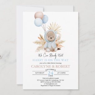 Invitación Boy Blue Boho Teddy Bear Bearly Wait Baby Shower