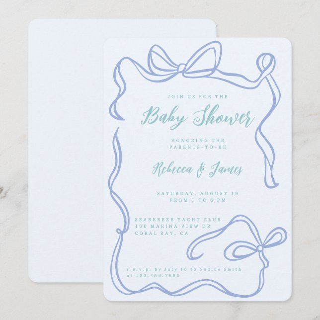 Invitación Boy Blue Bow Funky Baby Shower dibujado a mano (Anverso / Reverso)