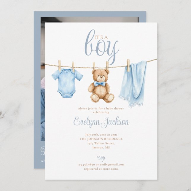 Invitación Boy Blue Clothesline Baby Shower Photo QR Code (Anverso / Reverso)