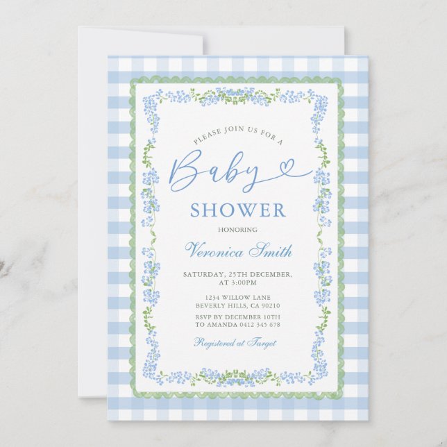 Invitación Boy Blue Floral Grandmillenial Baby Shower Gingham (Anverso)