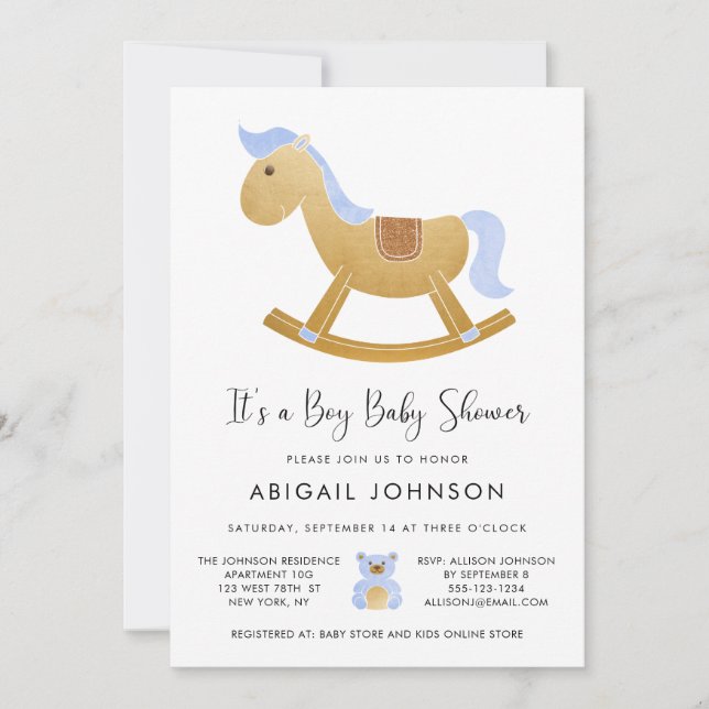 Invitación Boy Blue Gold Retro Rocking Horse Baby Shower (Anverso)