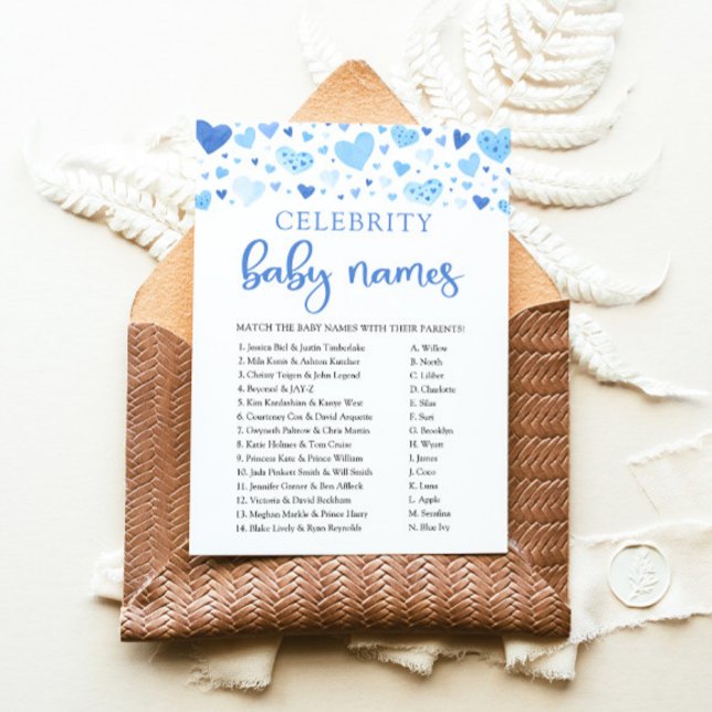 Invitación Boy Blue Hearts Valentine Celebrity Baby Name Game (Watercolor Cute Blue Hearts Valentine Sweetheart February Boy Celebrity Baby Name Baby Shower Game)