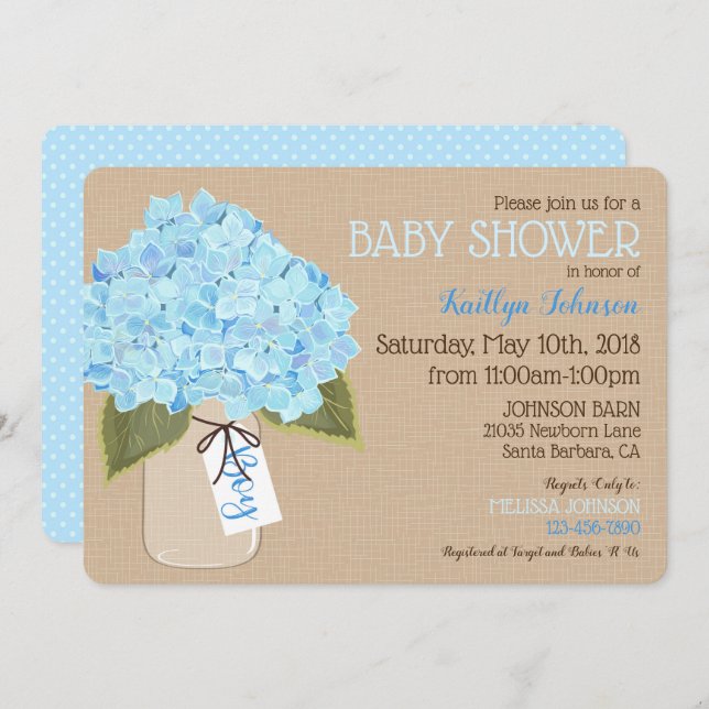 Invitación Boy Blue Hydrangea Mason Jar Rustic Baby Shower (Anverso / Reverso)