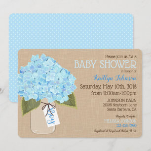 Invitación Boy Blue Hydrangea Mason Jar Rustic Baby Shower