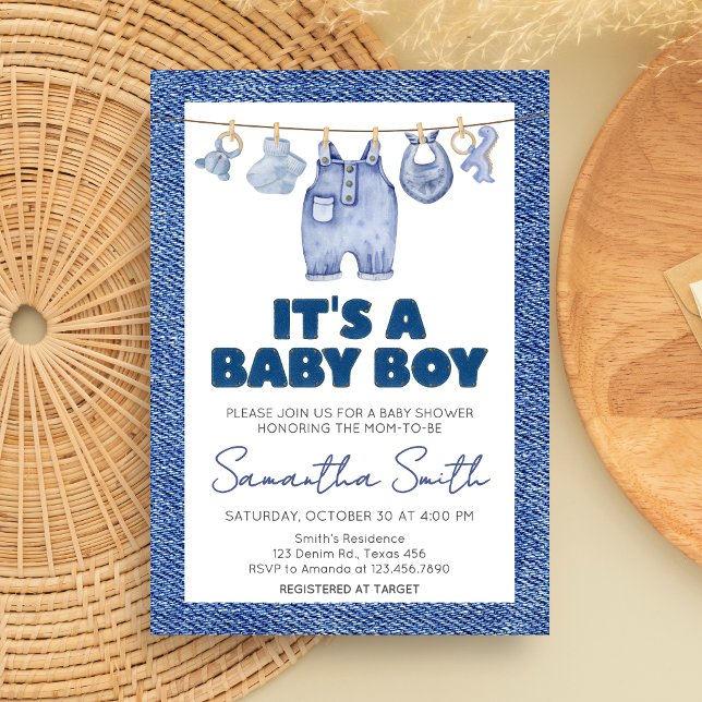 Invitación Boy Blue Jean Baby Shower (Blue Jean Denim Baby Shower Invitation)