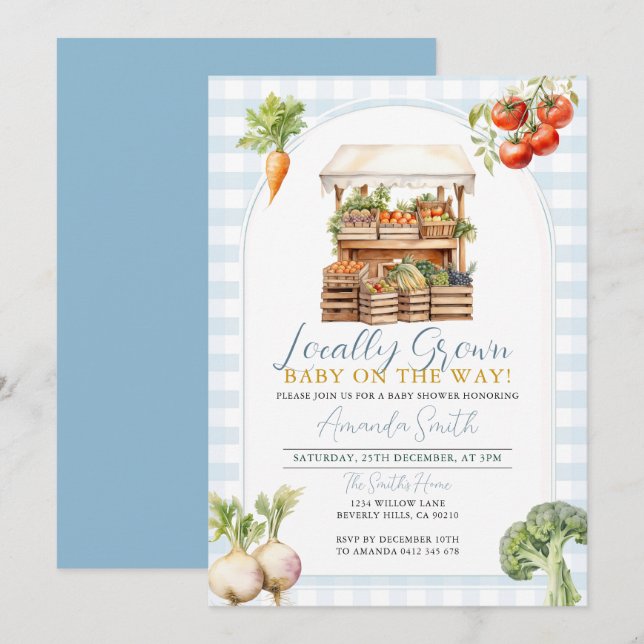 Invitación Boy Blue Local Grown Fresh Market Baby Shower (Anverso / Reverso)
