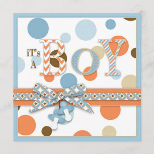 Invitación BOY Blue Naranja Brown puntos Baby Shower
