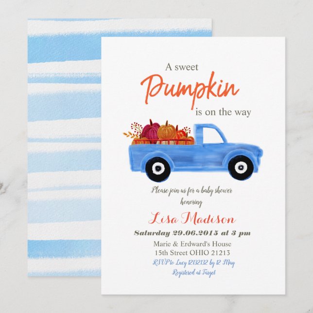 Invitación Boy Blue Pumpkin está en camino de la ducha bebé (Anverso / Reverso)