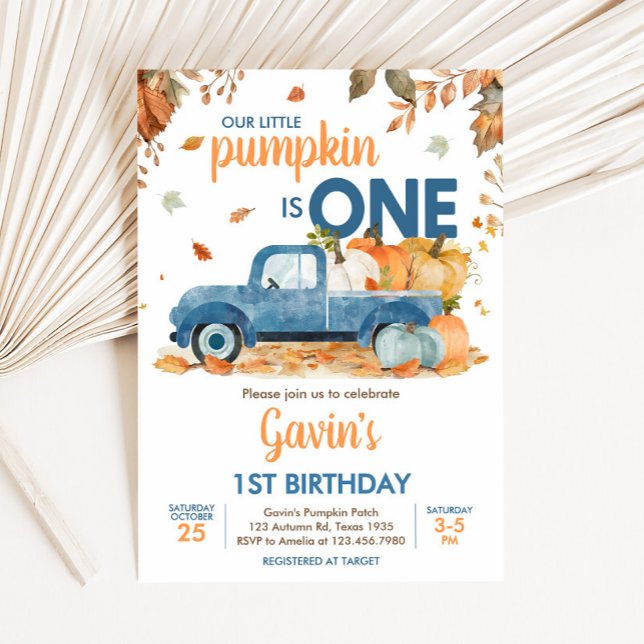 Invitación Boy Blue Pumpkin Truck Fall Cumpleaños (Blue Pumpkin Truck Fall Birthday Invitation)