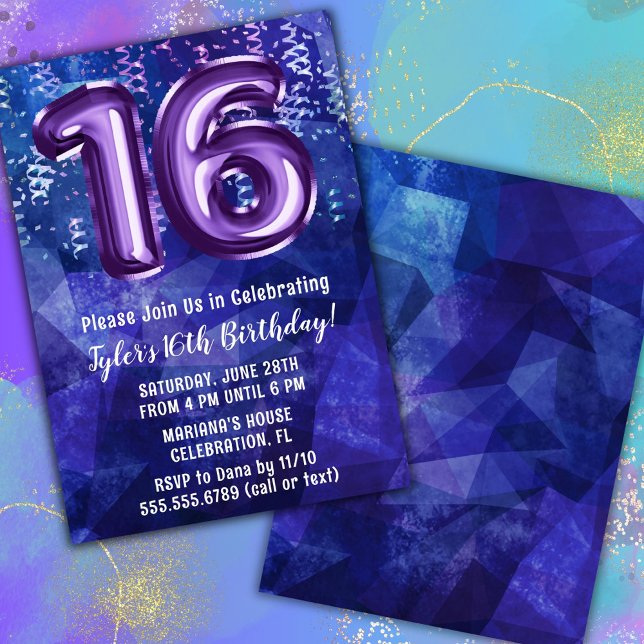Invitación Boy Blue Purple 16th Birthday (Subido por el creador)