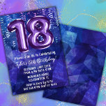 Invitación Boy Blue Purple 18th Birthday<br><div class="desc">Muchacho azul morado 18º cumpleaños invitan a los chicos a una fiesta de 18 años para un niño morado azul con escritura moderna y divertidos globos de Relieve metalizado.</div>