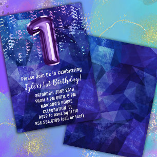 Invitación Boy Blue Purple Primer cumpleaños