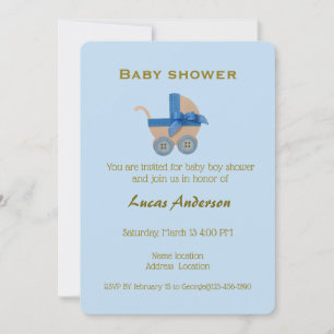 Invitación Boy Blue Stroller, tipografía de oro sobre azul ci