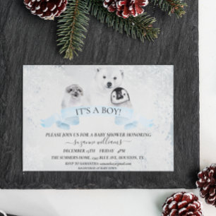 Invitación Boy Blue Winter Navidades Animales Baby Shower