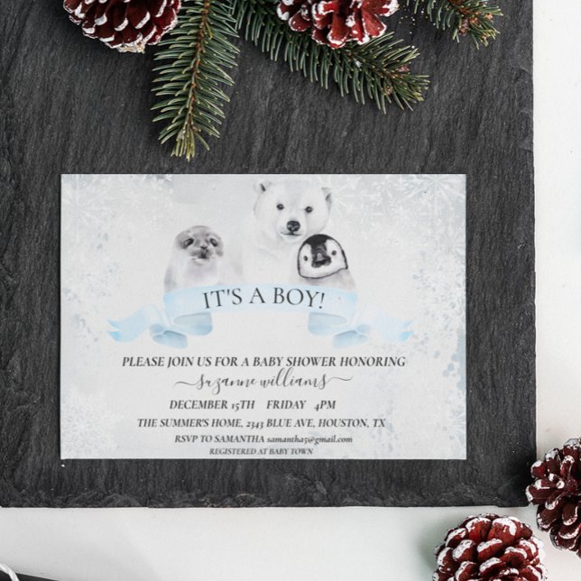 Invitación Boy Blue Winter Navidades Animales Baby Shower (Subido por el creador)