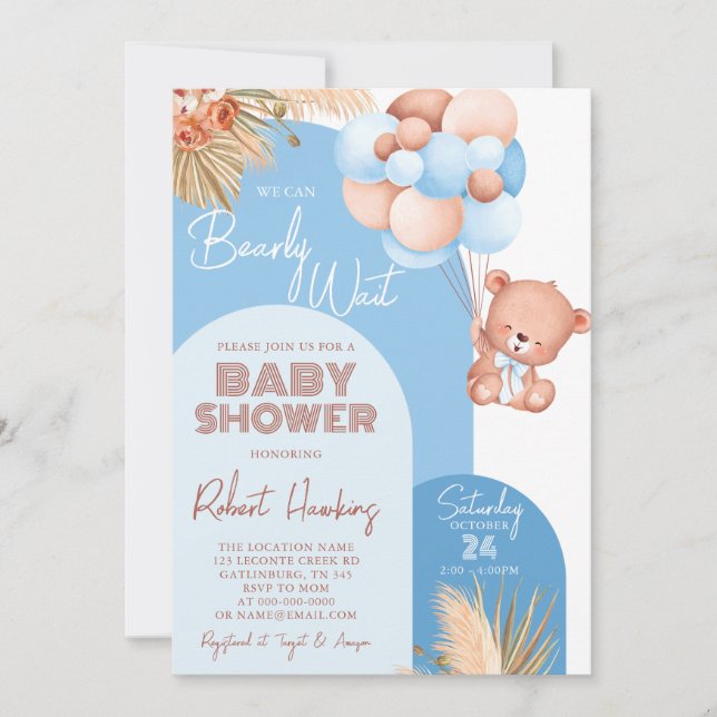 Invitación Boy Boho Arch Teddy Bear Bearly Wait Baby Shower (Anverso)