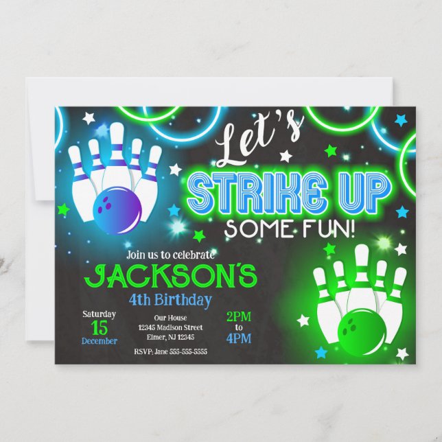 Invitación Boy Bowling Invitation Glow Neon Joint Birthday (Anverso)