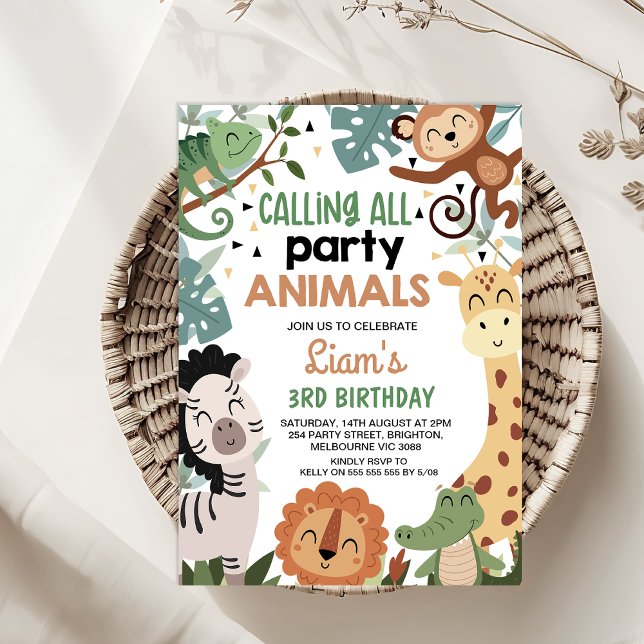 Invitación Boy Brown Green Llamando a todos los animales Fies (Calling All Party Animals  Birthday Invitation Template Boy, Safari Birthday Invitation, Jungle )