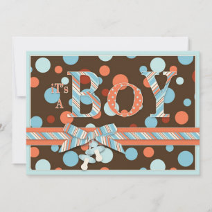 Invitación BOY Brown Naranja azul puntos Baby Shower